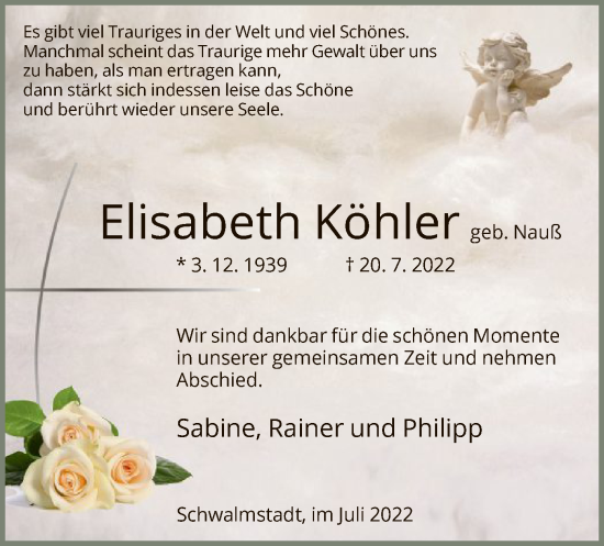 Traueranzeige von Elisabeth Köhler von HNA