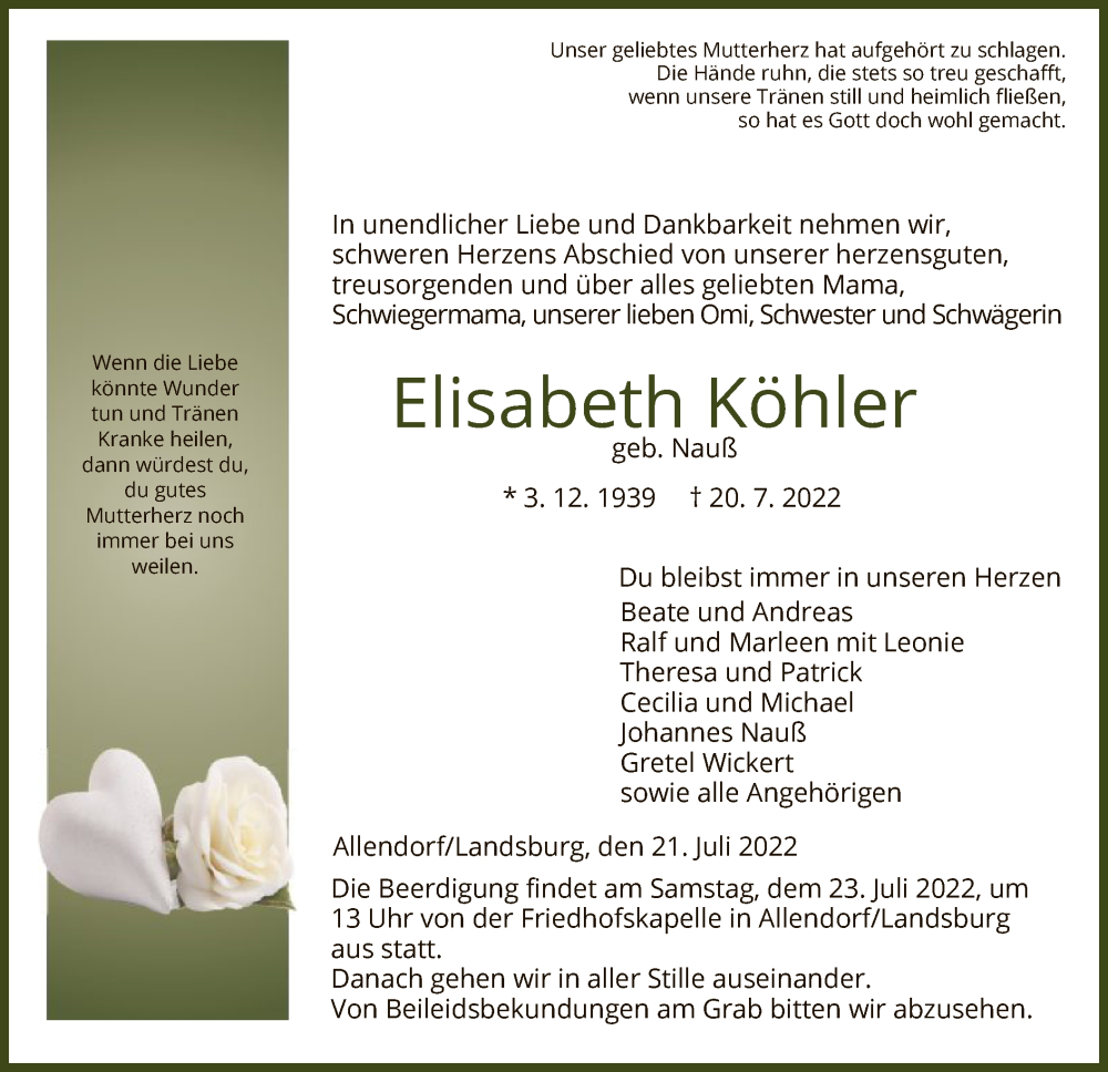  Traueranzeige für Elisabeth Köhler vom 22.07.2022 aus HNA