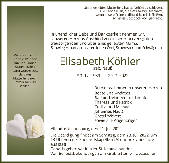 Traueranzeige von Elisabeth Köhler von HNA