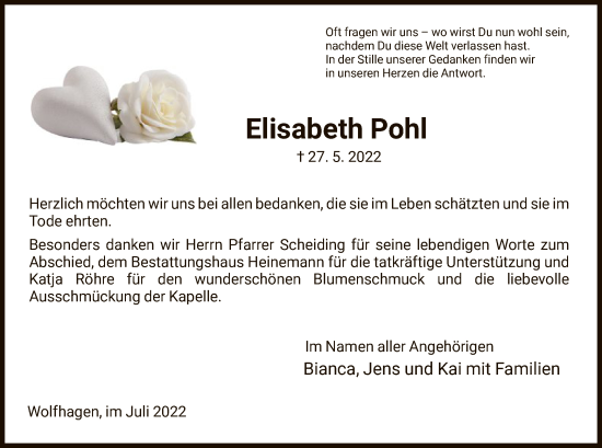 Traueranzeige von Elisabeth Pohl von HNA
