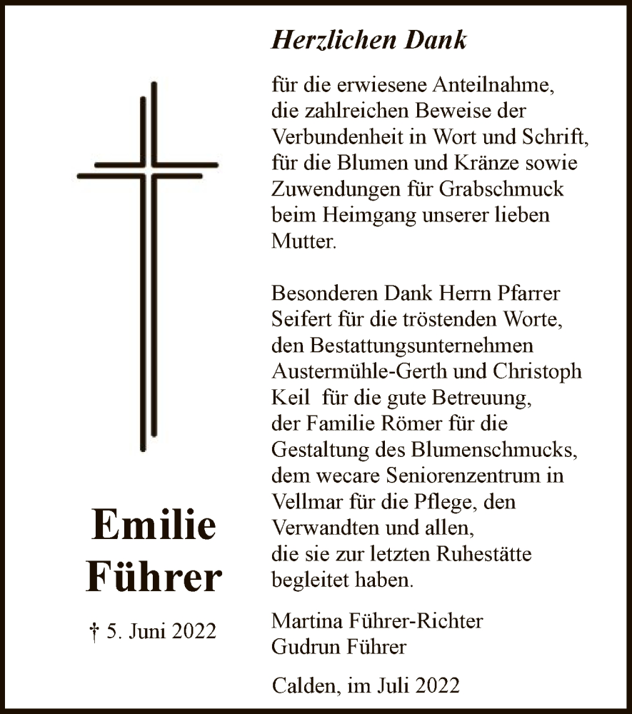  Traueranzeige für Emilie Führer vom 09.07.2022 aus HNA