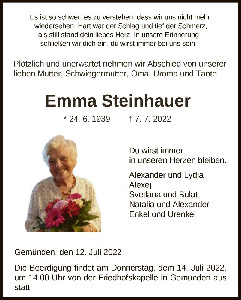  Traueranzeige für Emma Steinhauer vom 12.07.2022 aus HNA