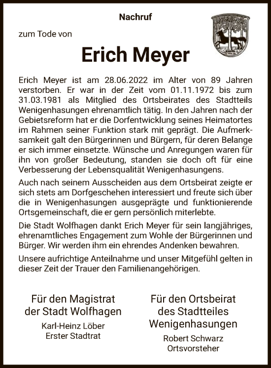 Traueranzeige von Erich Meyer von HNA