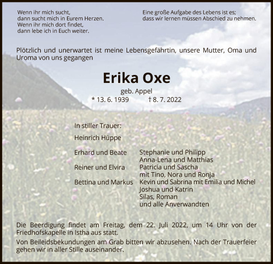 Traueranzeige von Erika Oxe von HNA