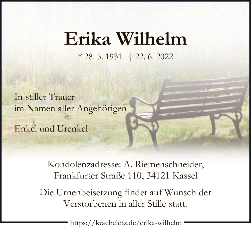  Traueranzeige für Erika Wilhelm vom 02.07.2022 aus HNA