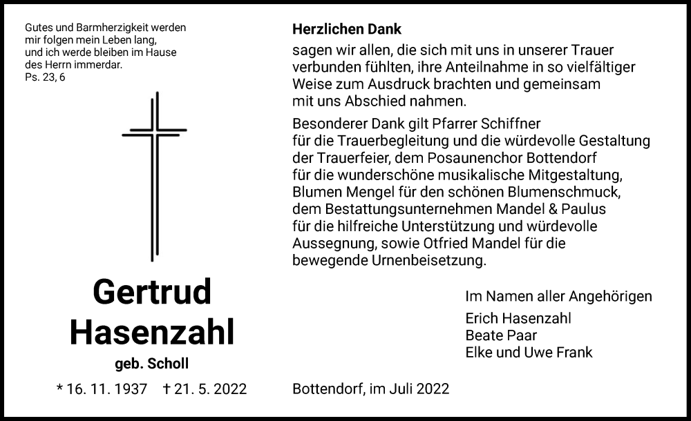  Traueranzeige für Gertrud Hasenzahl vom 09.07.2022 aus HNA