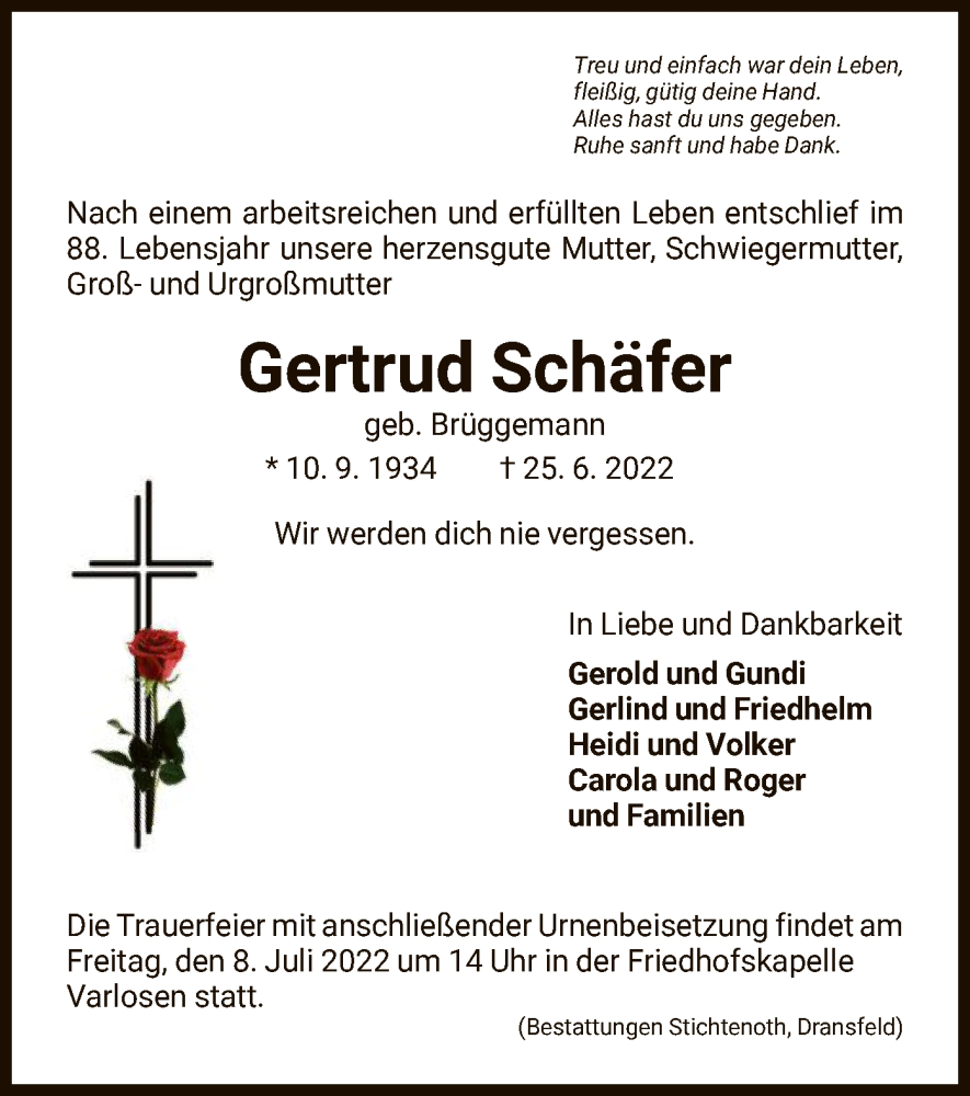  Traueranzeige für Gertrud Schäfer vom 02.07.2022 aus HNA