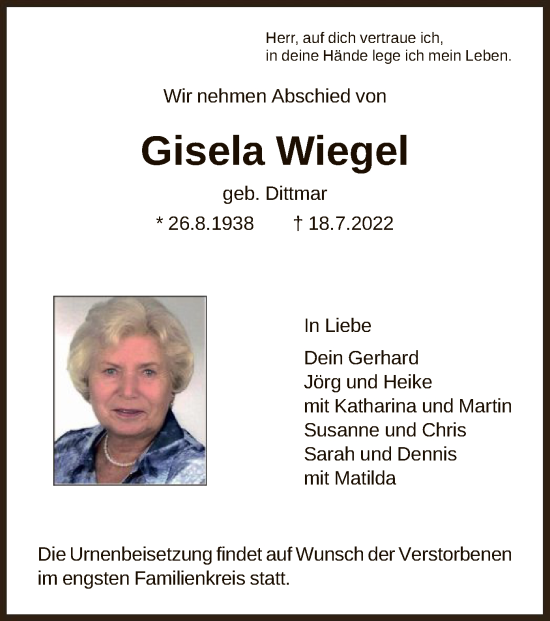 Traueranzeige von Gisela Wiegel von HNA