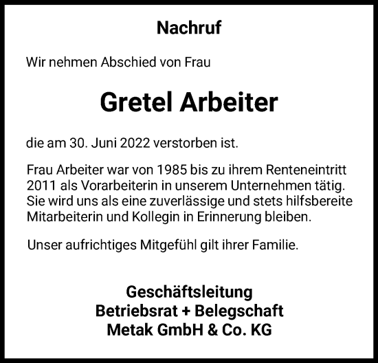 Traueranzeige von Gretel Arbeiter von HNA