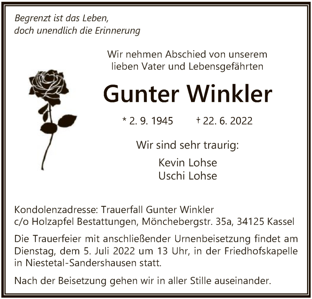  Traueranzeige für Gunter Winkler vom 02.07.2022 aus HNA