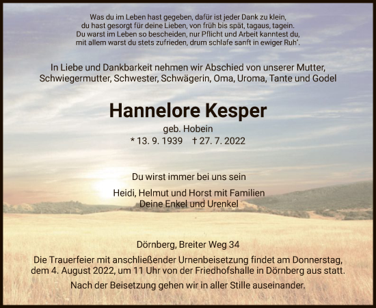 Traueranzeige von Hannelore Kesper von HNA