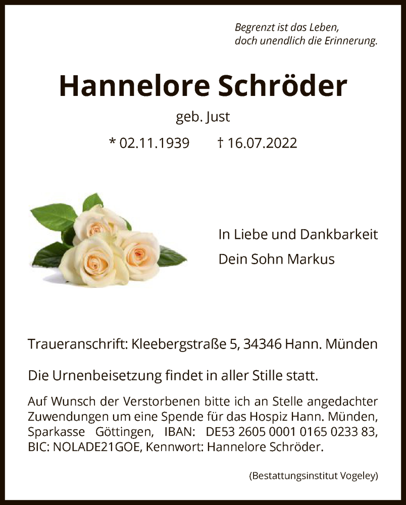  Traueranzeige für Hannelore Schröder vom 23.07.2022 aus HNA