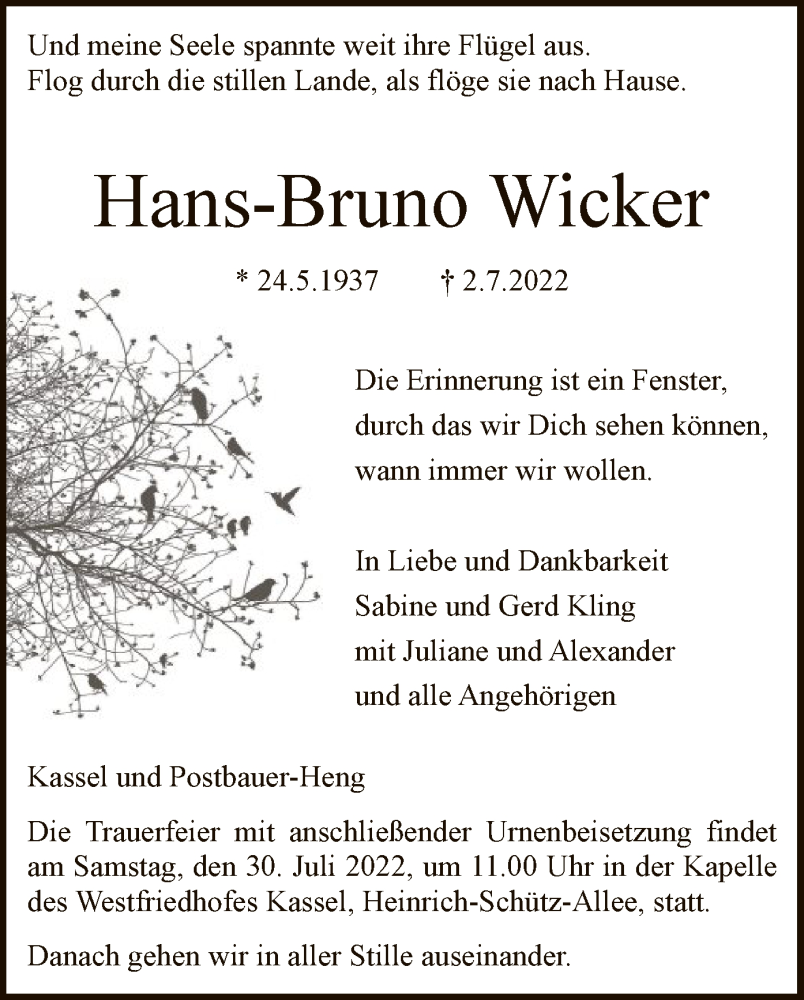  Traueranzeige für Hans-Bruno Wicker vom 23.07.2022 aus HNA
