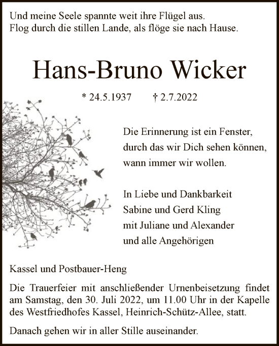 Traueranzeige von Hans-Bruno Wicker von HNA