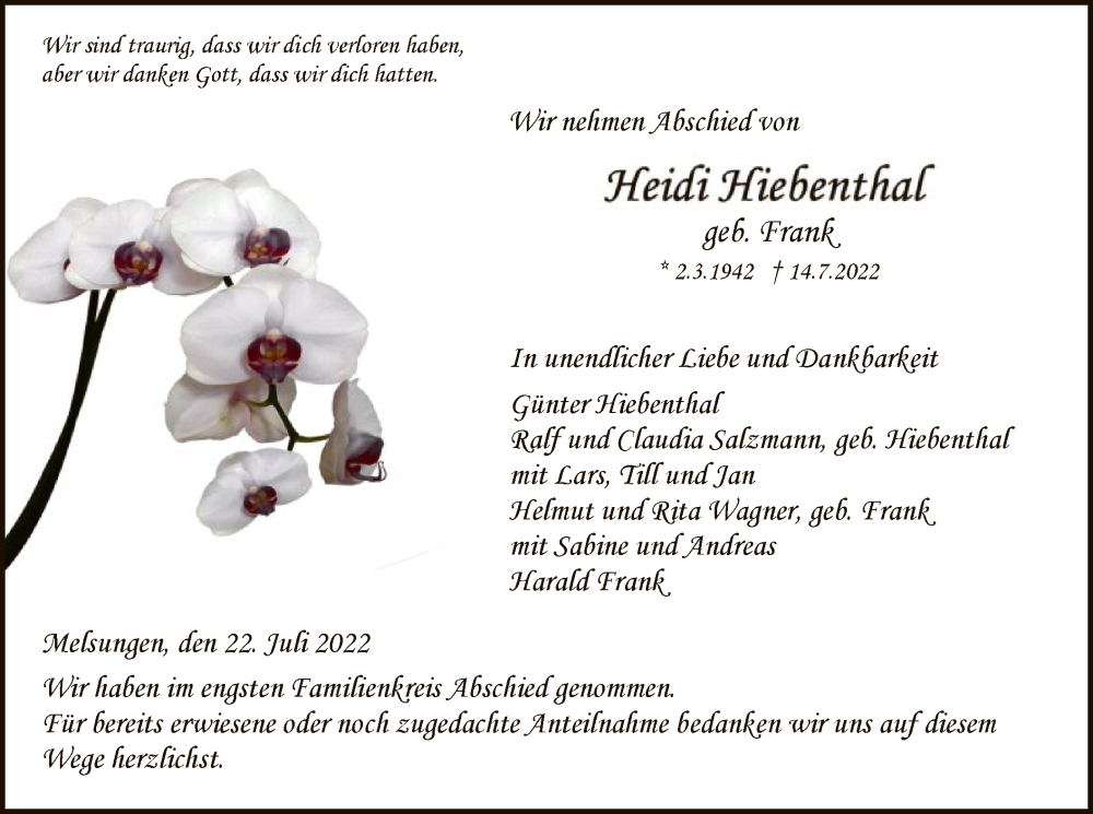  Traueranzeige für Heidi Hiebenthal vom 22.07.2022 aus HNA