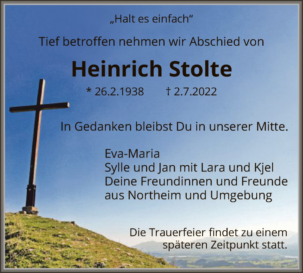  Traueranzeige für Heinrich Stolte vom 16.07.2022 aus HNA
