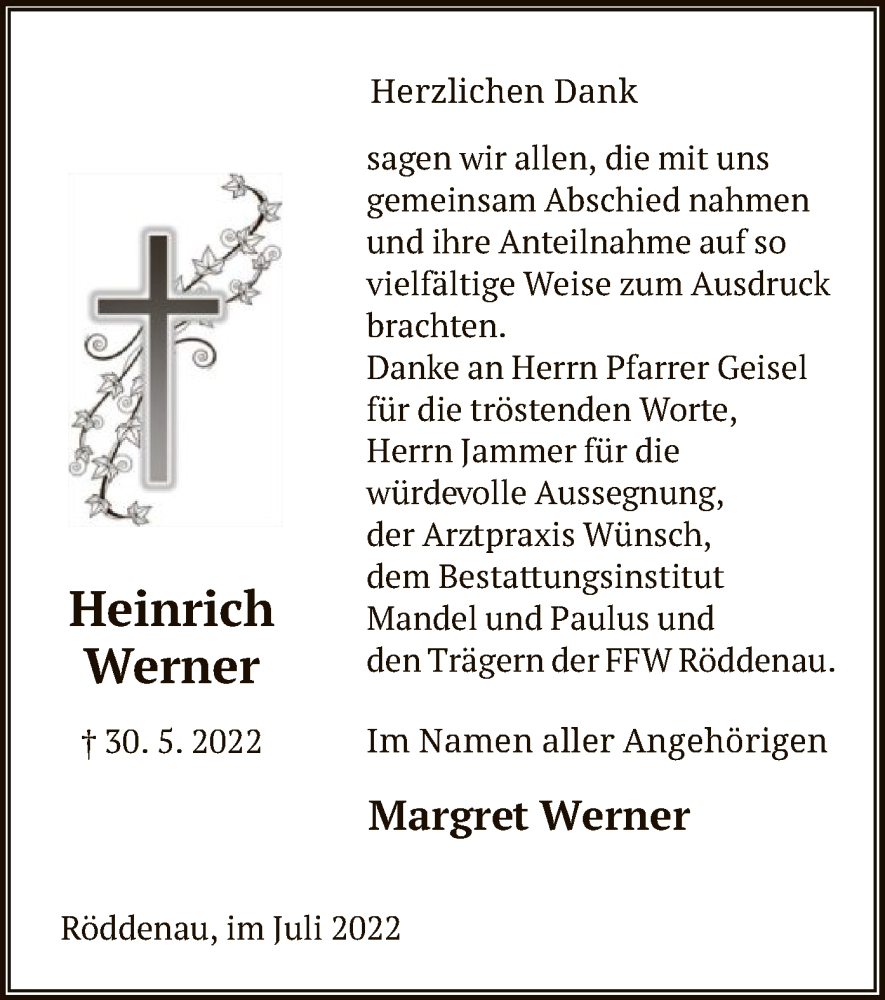  Traueranzeige für Heinrich Werner vom 08.07.2022 aus HNA