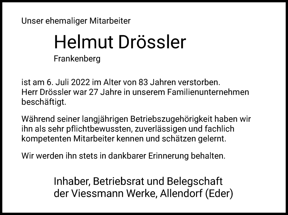 Traueranzeige für Helmut Drössler vom 15.07.2022 aus HNA