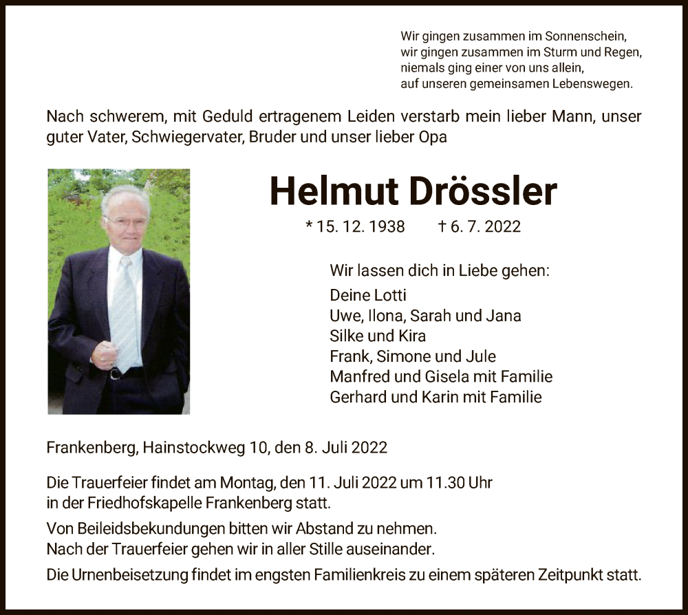  Traueranzeige für Helmut Drössler vom 08.07.2022 aus HNA