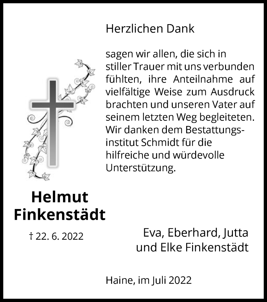  Traueranzeige für Helmut Finkenstädt vom 30.07.2022 aus HNA