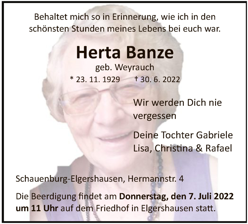  Traueranzeige für Herta Banze vom 06.07.2022 aus HNA