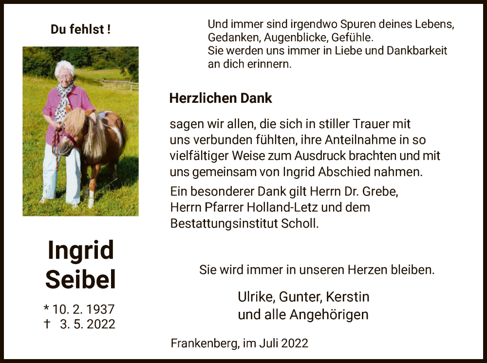  Traueranzeige für Ingrid Seibel vom 09.07.2022 aus HNA