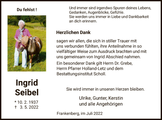Traueranzeige von Ingrid Seibel von HNA