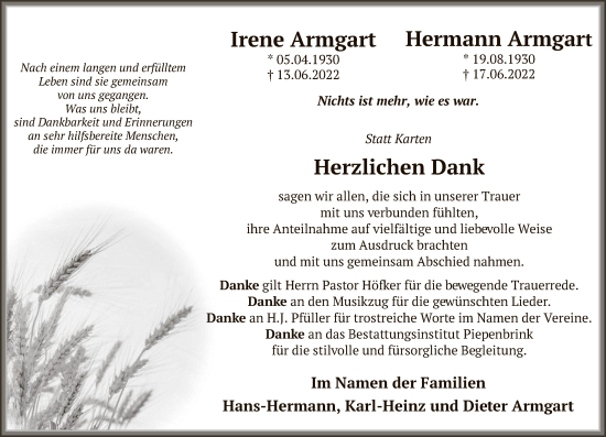 Traueranzeige von Irene und Hermann Armgart von HNA