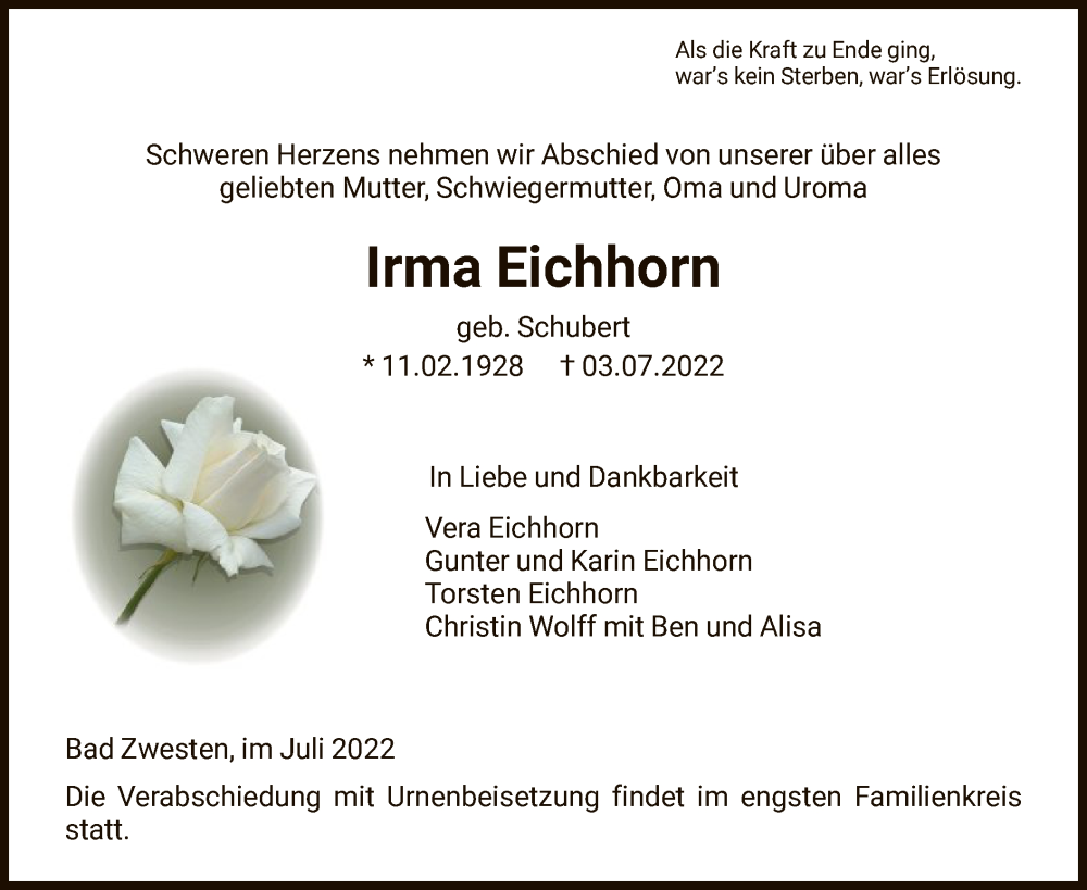  Traueranzeige für Irma Eichhorn vom 16.07.2022 aus HNA