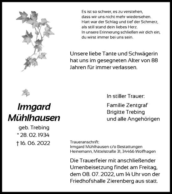 Traueranzeige von Irmgard Mühlhausen von HNA