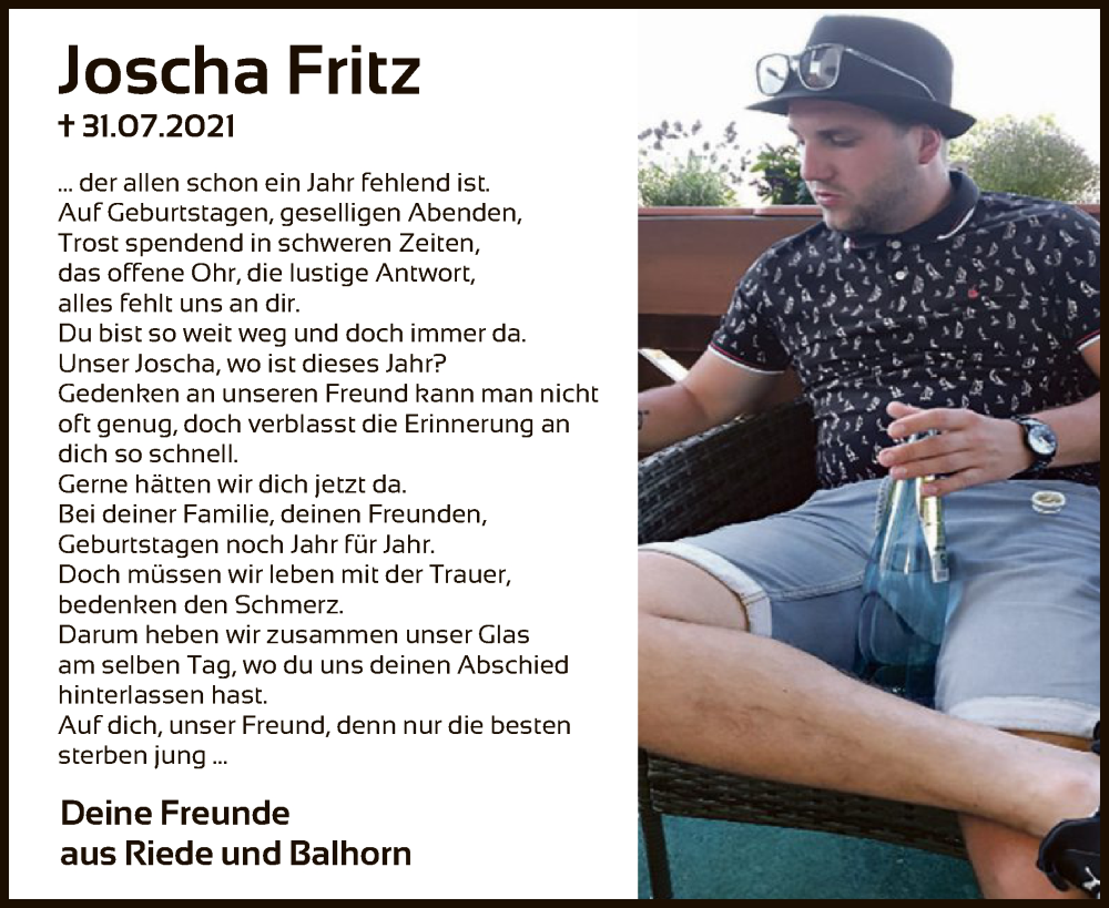  Traueranzeige für Joscha Fritz vom 30.07.2022 aus HNA