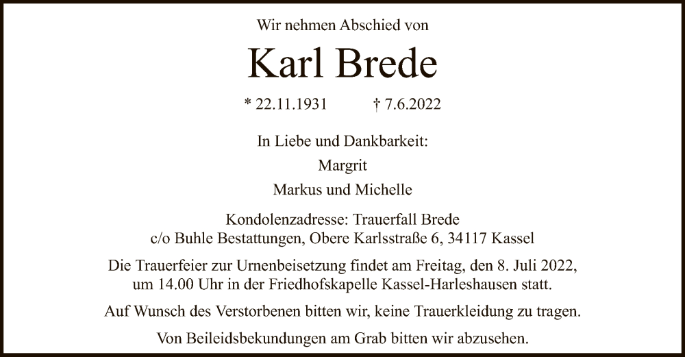  Traueranzeige für Karl Brede vom 02.07.2022 aus HNA