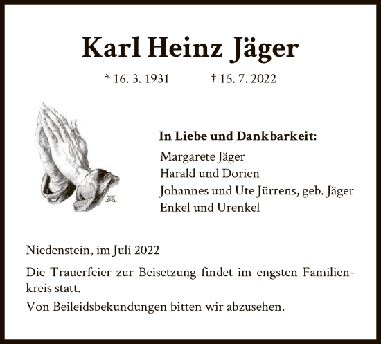 Traueranzeige von Karl-Heinz Jäger von HNA