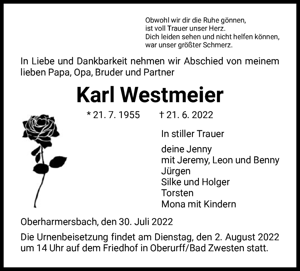  Traueranzeige für Karl Westmeier vom 30.07.2022 aus HNA