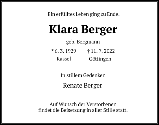 Traueranzeige von Klara Berger von HNA