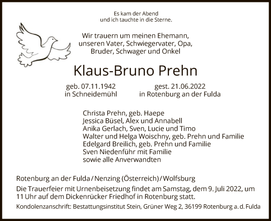 Traueranzeige von Klaus-Bruno Prehn von HNA