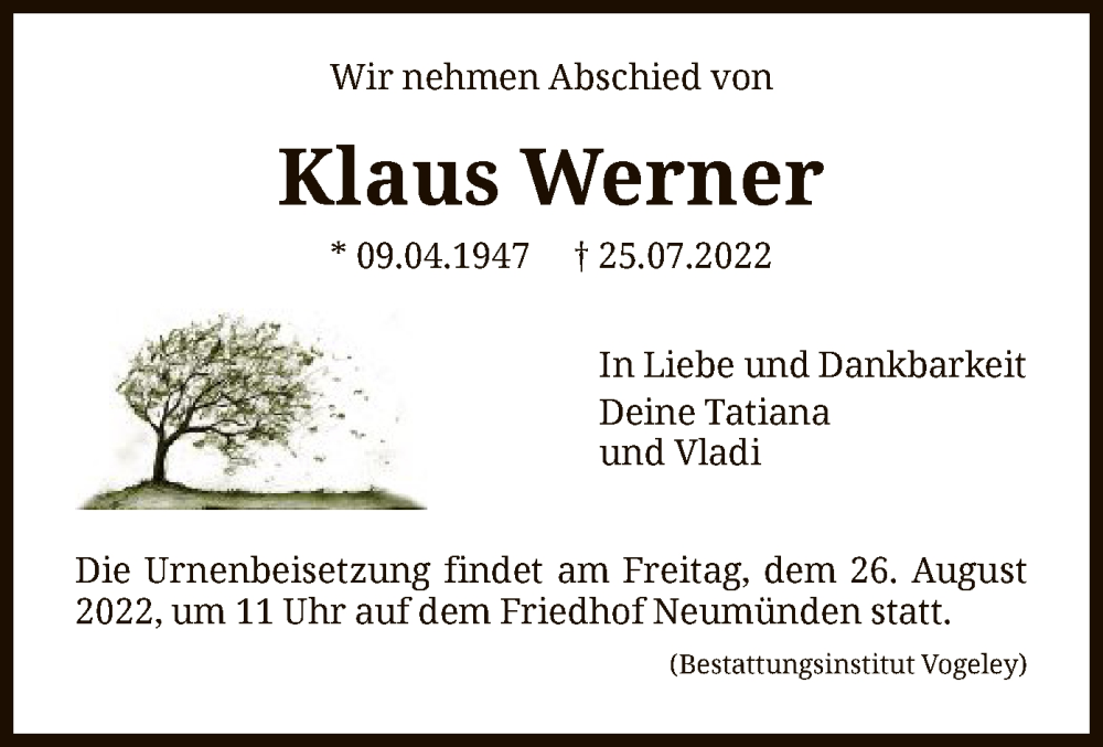  Traueranzeige für Klaus Werner vom 30.07.2022 aus HNA