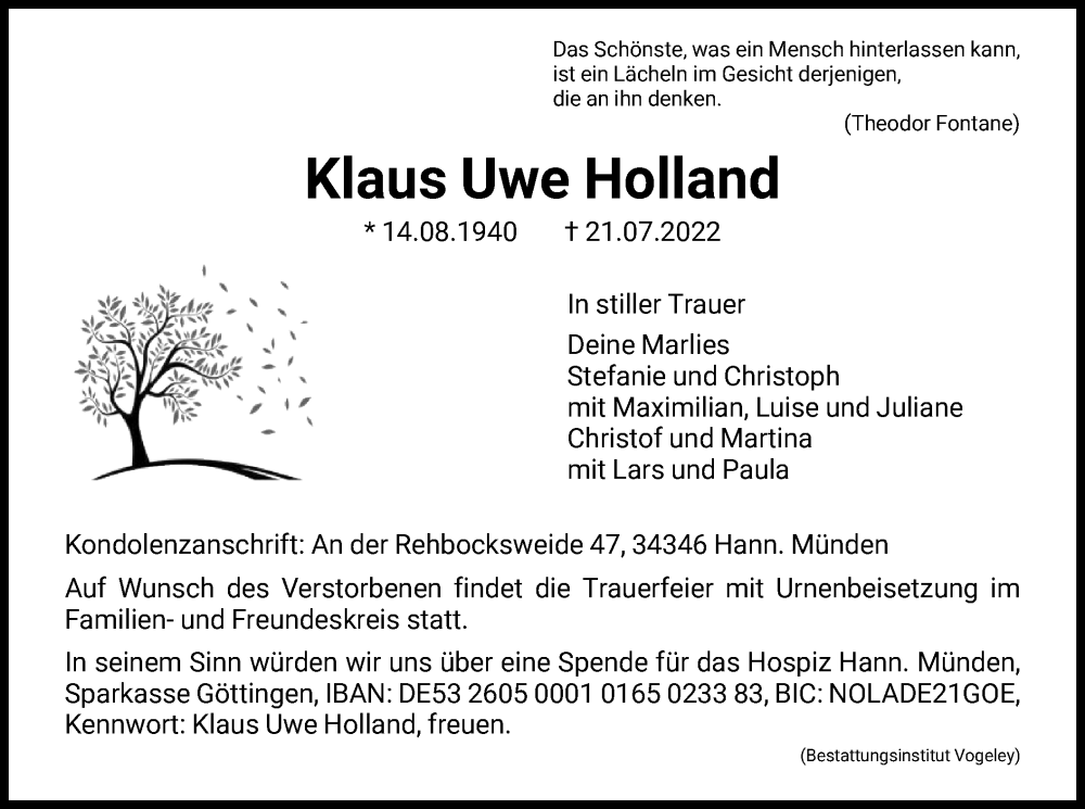  Traueranzeige für Klaus Uwe Holland vom 30.07.2022 aus HNA