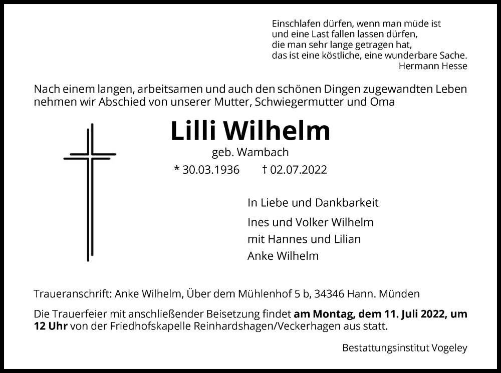  Traueranzeige für Lilli Wilhelm vom 09.07.2022 aus HNA