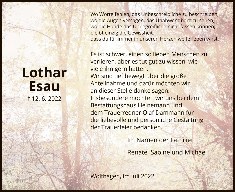  Traueranzeige für Lothar Esau vom 23.07.2022 aus HNA