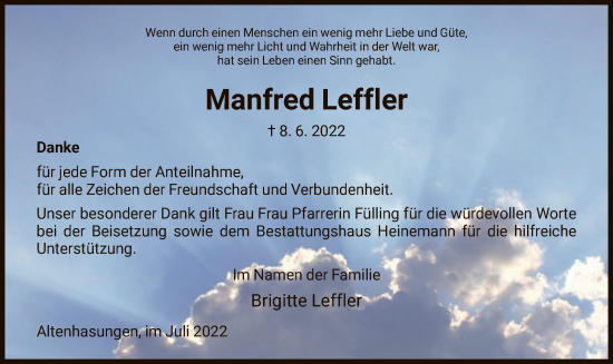 Traueranzeige von Manfred Leffler von HNA