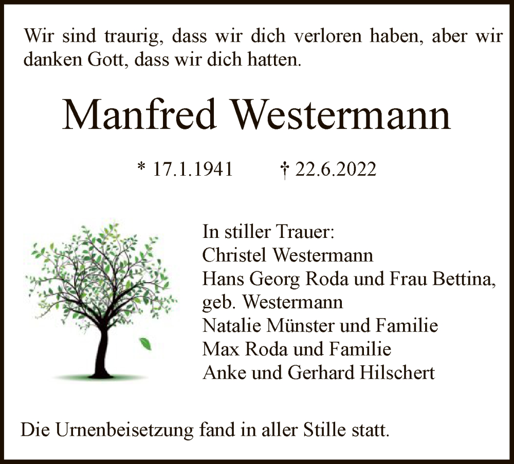  Traueranzeige für Manfred Westermann vom 23.07.2022 aus HNA
