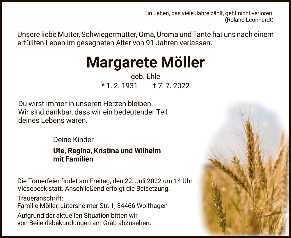  Traueranzeige für Margarete Möller vom 16.07.2022 aus HNA