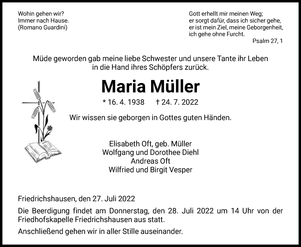  Traueranzeige für Maria Müller vom 27.07.2022 aus HNA