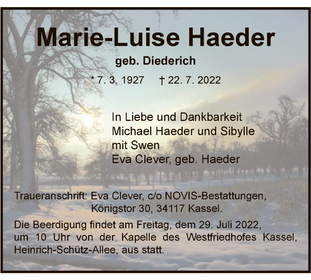  Traueranzeige für Marie-Luise Haeder vom 27.07.2022 aus HNA
