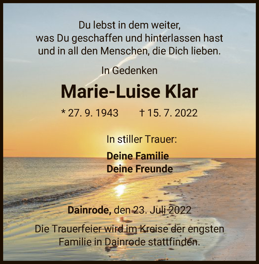  Traueranzeige für Marie-Luise Klar vom 23.07.2022 aus HNA
