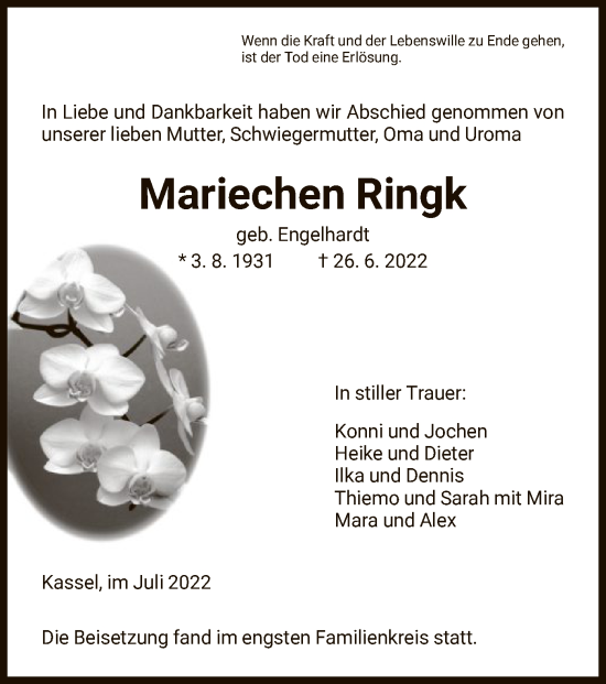 Traueranzeige von Mariechen Ringk von HNA