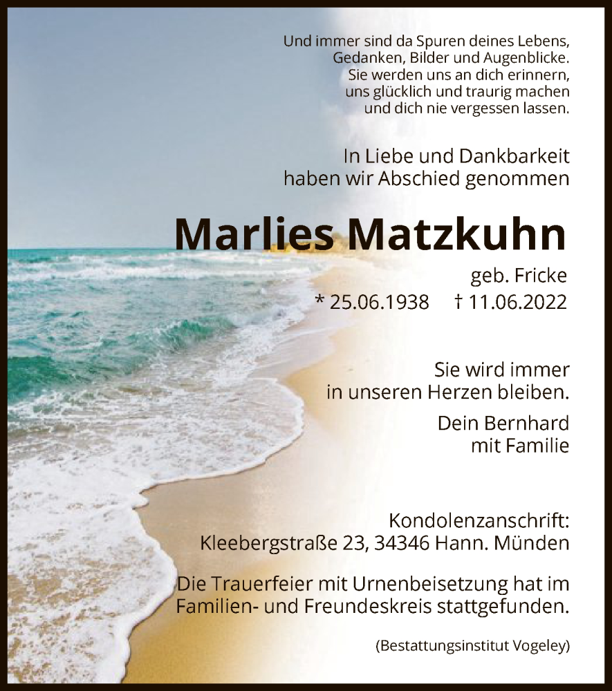  Traueranzeige für Marlies Matzkuhn vom 09.07.2022 aus HNA