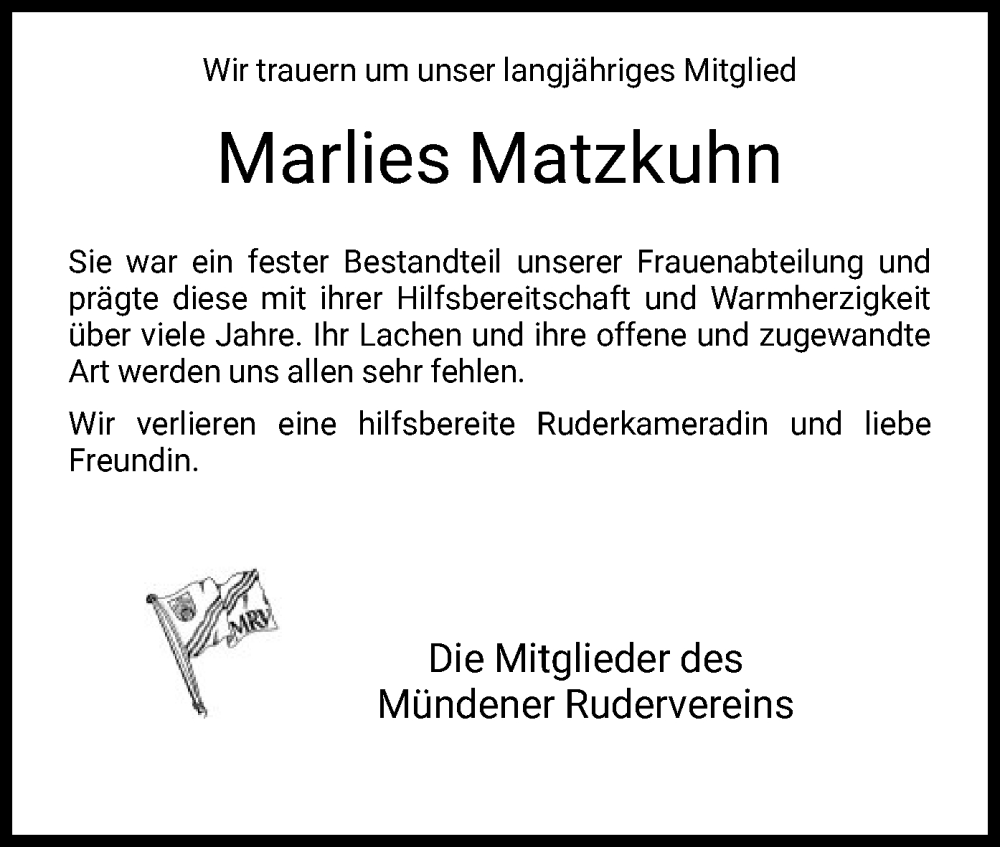  Traueranzeige für Marlies Matzkuhn vom 09.07.2022 aus HNA