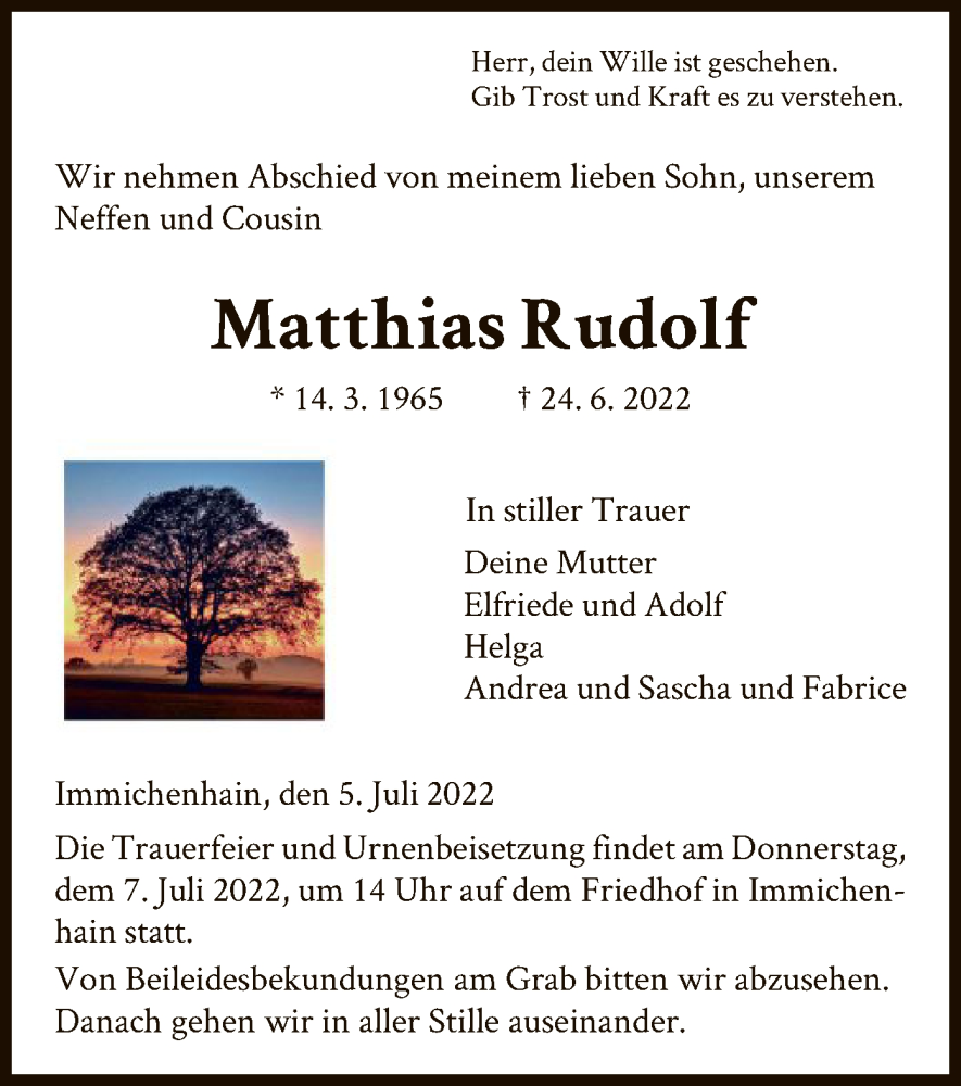  Traueranzeige für Matthias Rudolf vom 05.07.2022 aus HNA